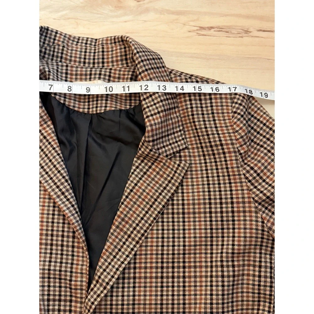 Womens Plaid Blazer Jacket Double Breasted Brown Tan Black Classic Fall Style - Picture 8 of 9